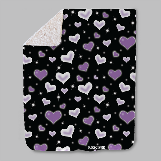 SHERPA black & purple airbrush hearts blanket